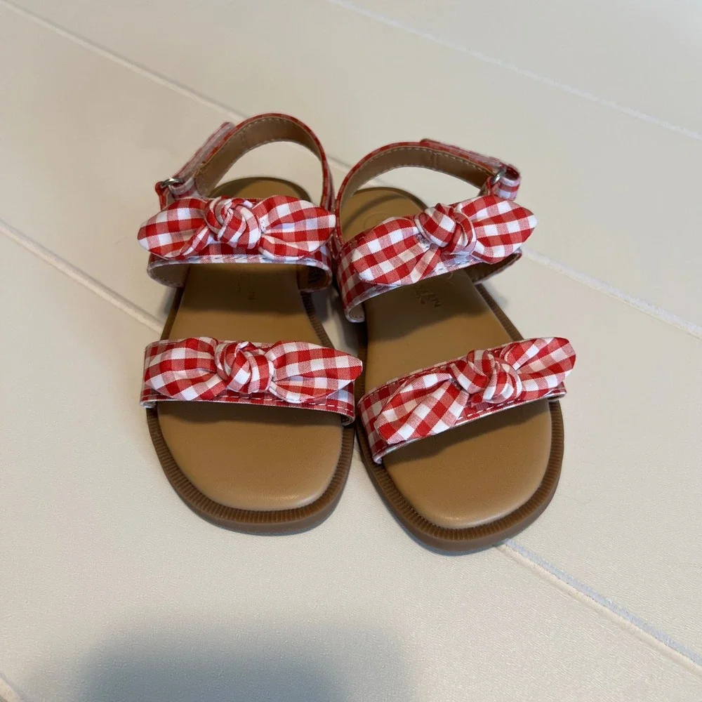 Cat & Jack Toddler Girls Red Gingham Bow Sandals Size 6 Hook Loop Strap